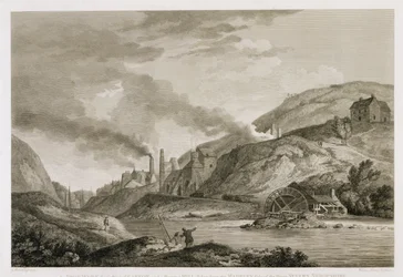 Una obra de hierro para fundición de cañones y un molino de perforación tomado desde el lado de Madeley del río Severn, Shropshire, grabado por Wilson Lowry (1762-1824) 1788